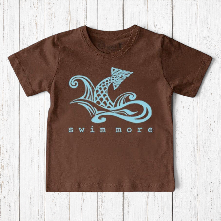 Uni-T brown organic cotton kids t-shirt featuring a light blue hand-illustrated fish tail and Swim More text
