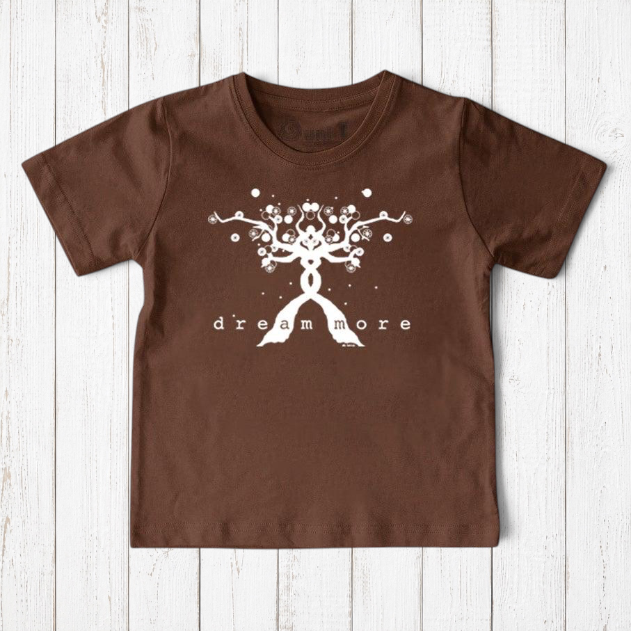 Uni-T brown organic cotton kids t-shirt featuring a white hand-illustrated tree design with the text Dream More