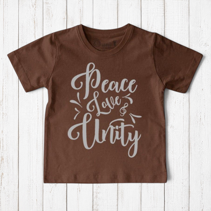 Uni-T kids brown organic cotton t-shirt featuring white hand-drawn Peace Love & Unity typography graphic