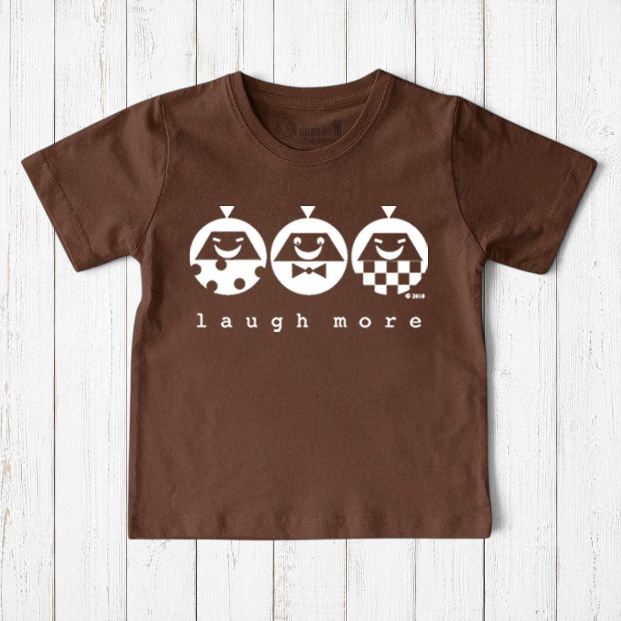 Uni-T brown organic cotton kids t-shirt featuring a white Laugh More graphic with three playful illustrated faces.