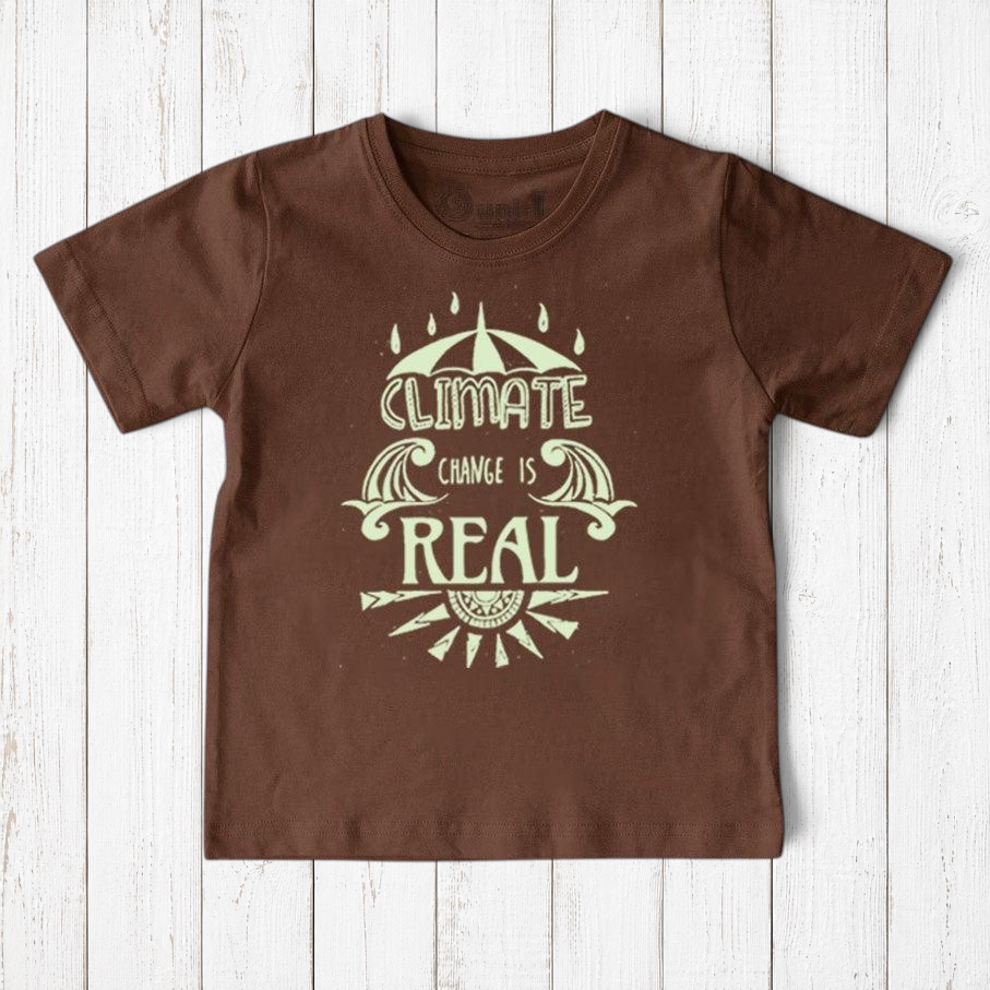 Uni-T brown organic cotton kids t-shirt featuring a hand-illustrated Climate Change Is Real graphic in light green.