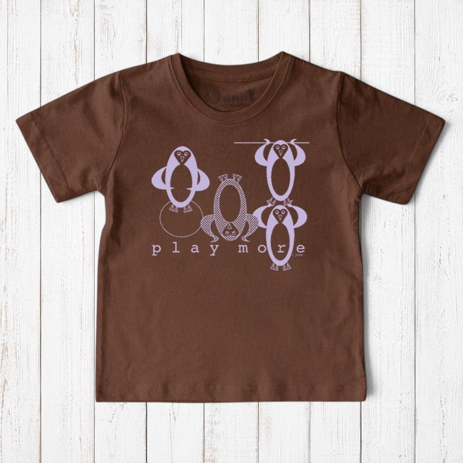 Uni-T kids brown organic cotton t-shirt featuring a playful hand-illustrated penguin graphic and Play More text