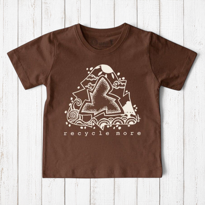 Uni-T kids brown organic cotton t-shirt featuring a white hand-illustrated Recycle More graphic on a wood background
