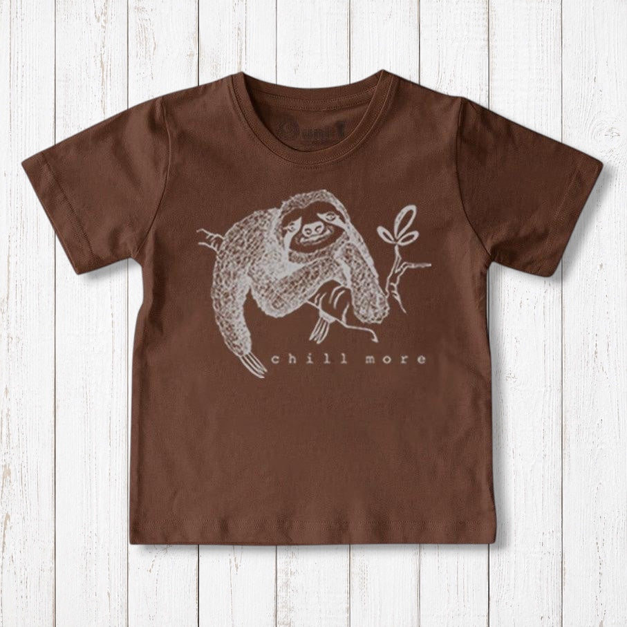 Uni-T kids organic cotton brown t-shirt featuring a white hand-illustrated sloth graphic with the text Chill More