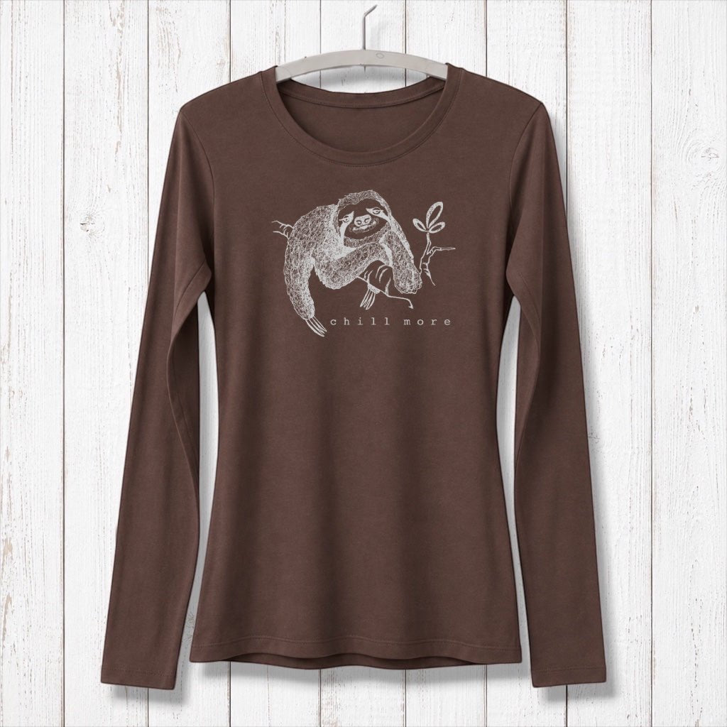 Uni-T brown long sleeve bamboo cotton t-shirt featuring a hand-illustrated sloth graphic with Chill More text