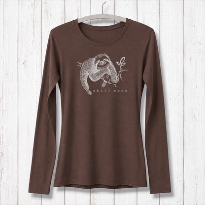 Uni-T brown long sleeve bamboo cotton t-shirt featuring a hand-illustrated sloth graphic with Chill More text