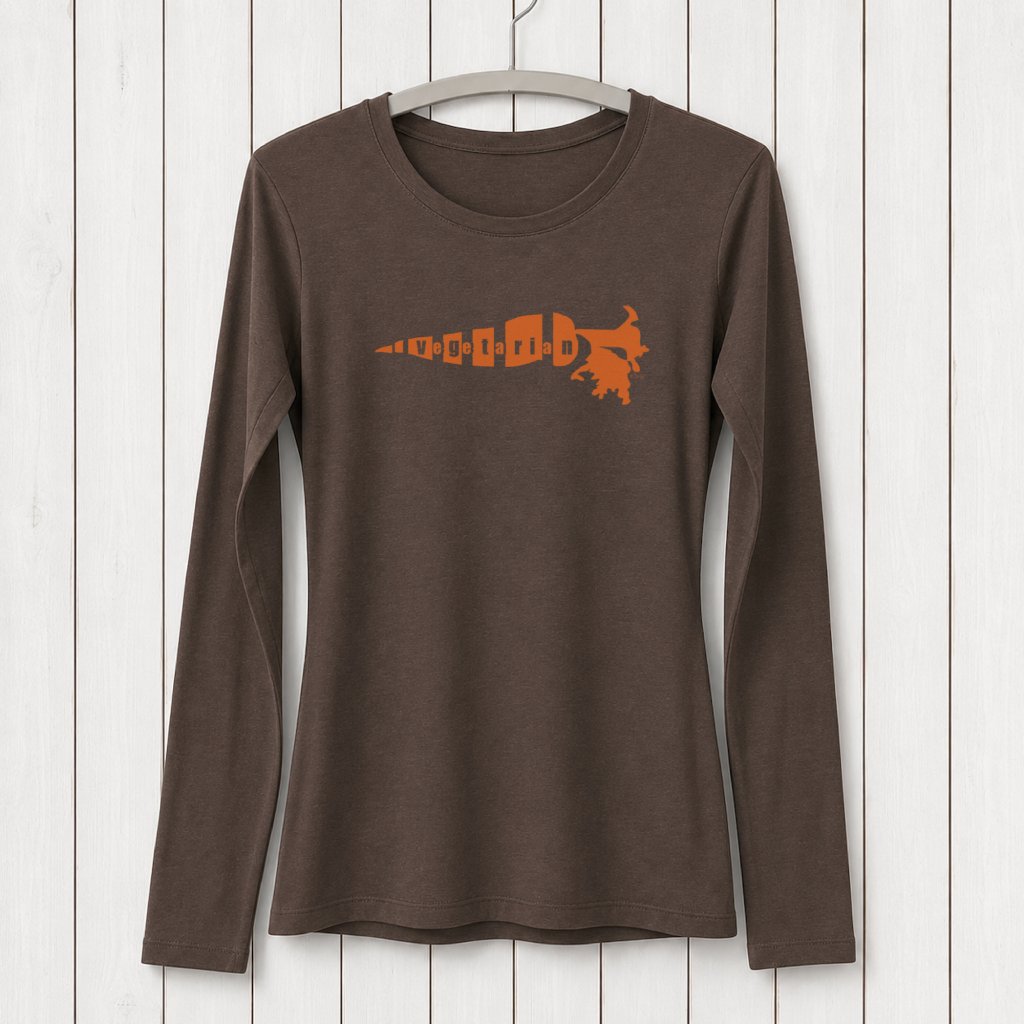Uni-T women's brown long sleeve t-shirt made from bamboo and organic cotton with a carrot vegetarian graphic print.