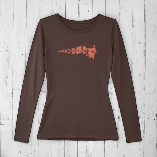 Uni-T women's brown long sleeve t-shirt made from bamboo and organic cotton with a carrot vegetarian graphic print.