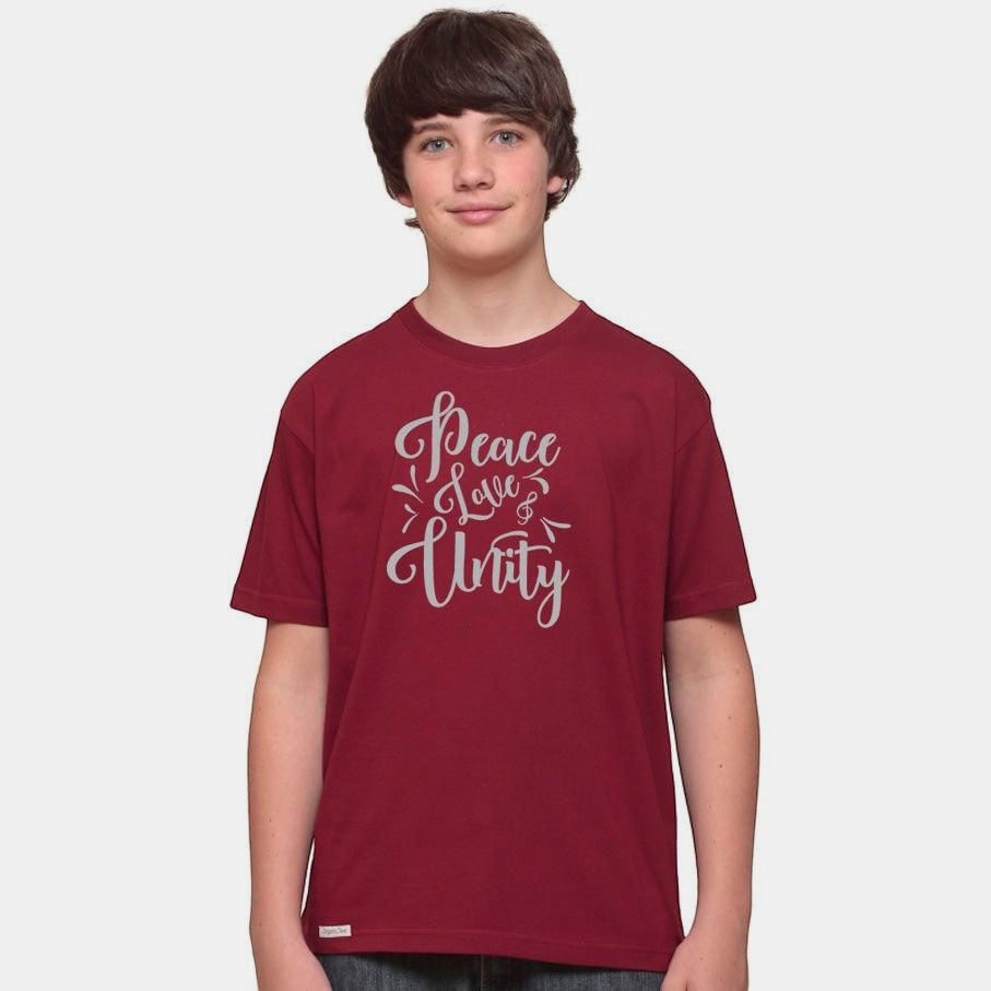 Uni-T kids burgundy organic cotton t-shirt featuring white hand-drawn Peace Love & Unity typography graphic