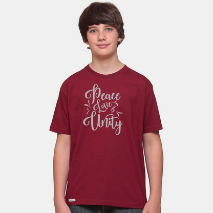 Uni-T kids burgundy organic cotton t-shirt featuring white hand-drawn Peace Love & Unity typography graphic