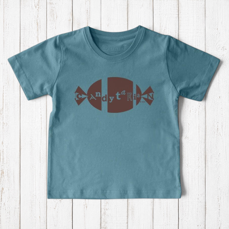 Uni-T organic cotton kids t-shirt in blue with a brown Candytarian candy graphic print
