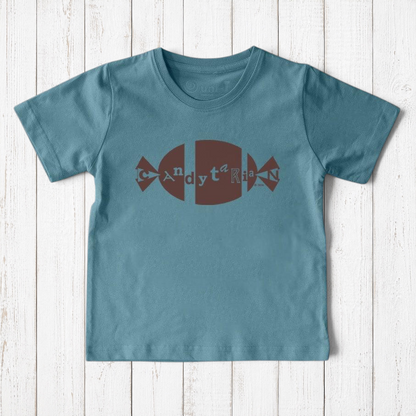 Uni-T organic cotton kids t-shirt in blue with a brown Candytarian candy graphic print
