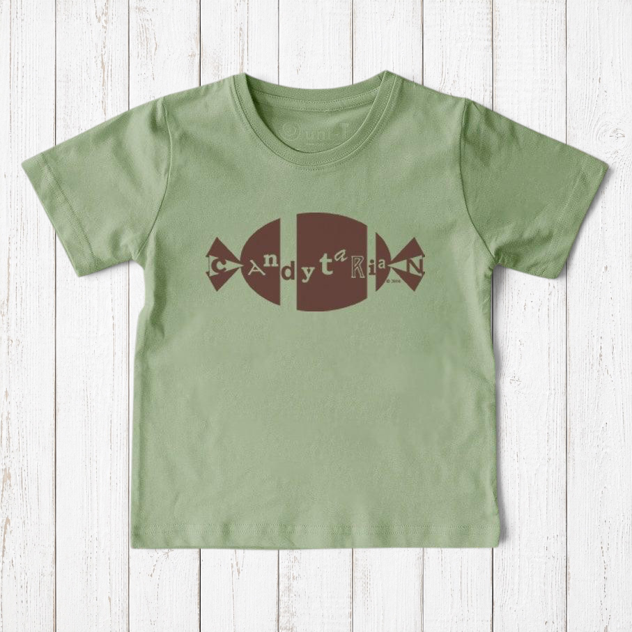 Uni-T organic cotton kids t-shirt in sage green featuring a brown Candytarian candy graphic print