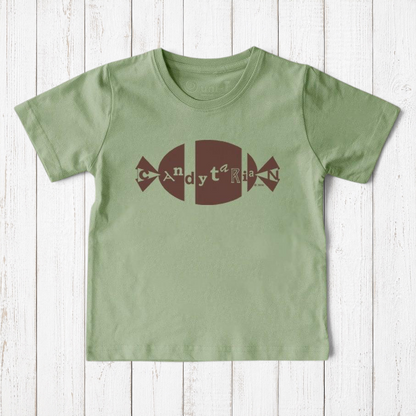 Uni-T organic cotton kids t-shirt in sage green featuring a brown Candytarian candy graphic print