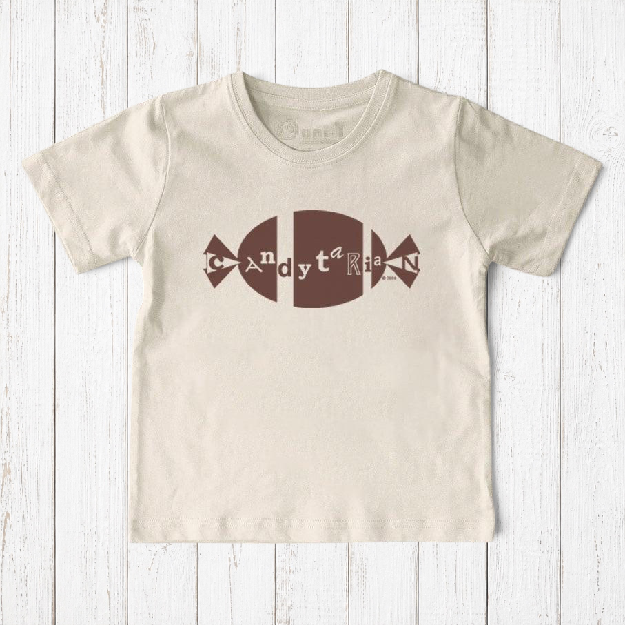 Uni-T organic cotton children's t-shirt in cream with a brown Candytarian candy graphic print