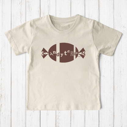 Uni-T organic cotton children's t-shirt in cream with a brown Candytarian candy graphic print