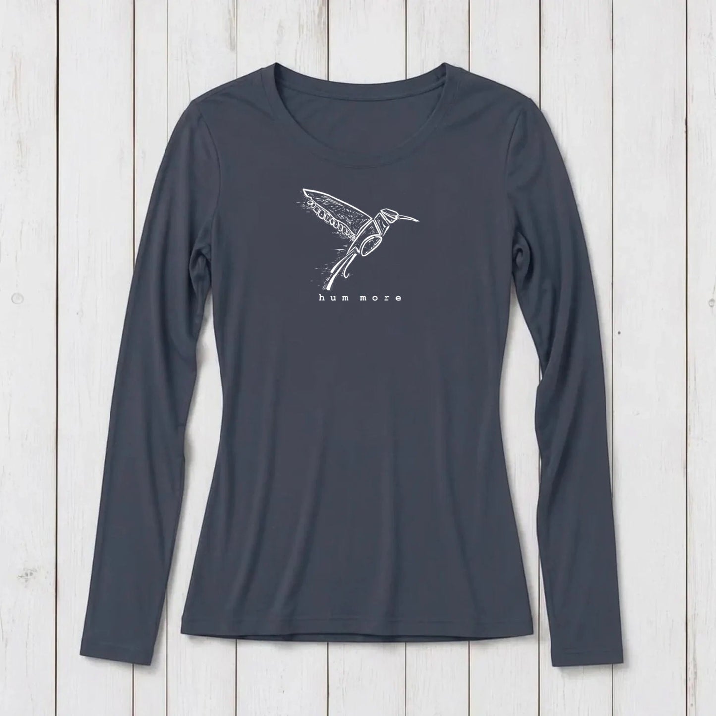 Uni-T women's charcoal grey long sleeve crew neck t-shirt made from a soft bamboo and organic cotton blend.