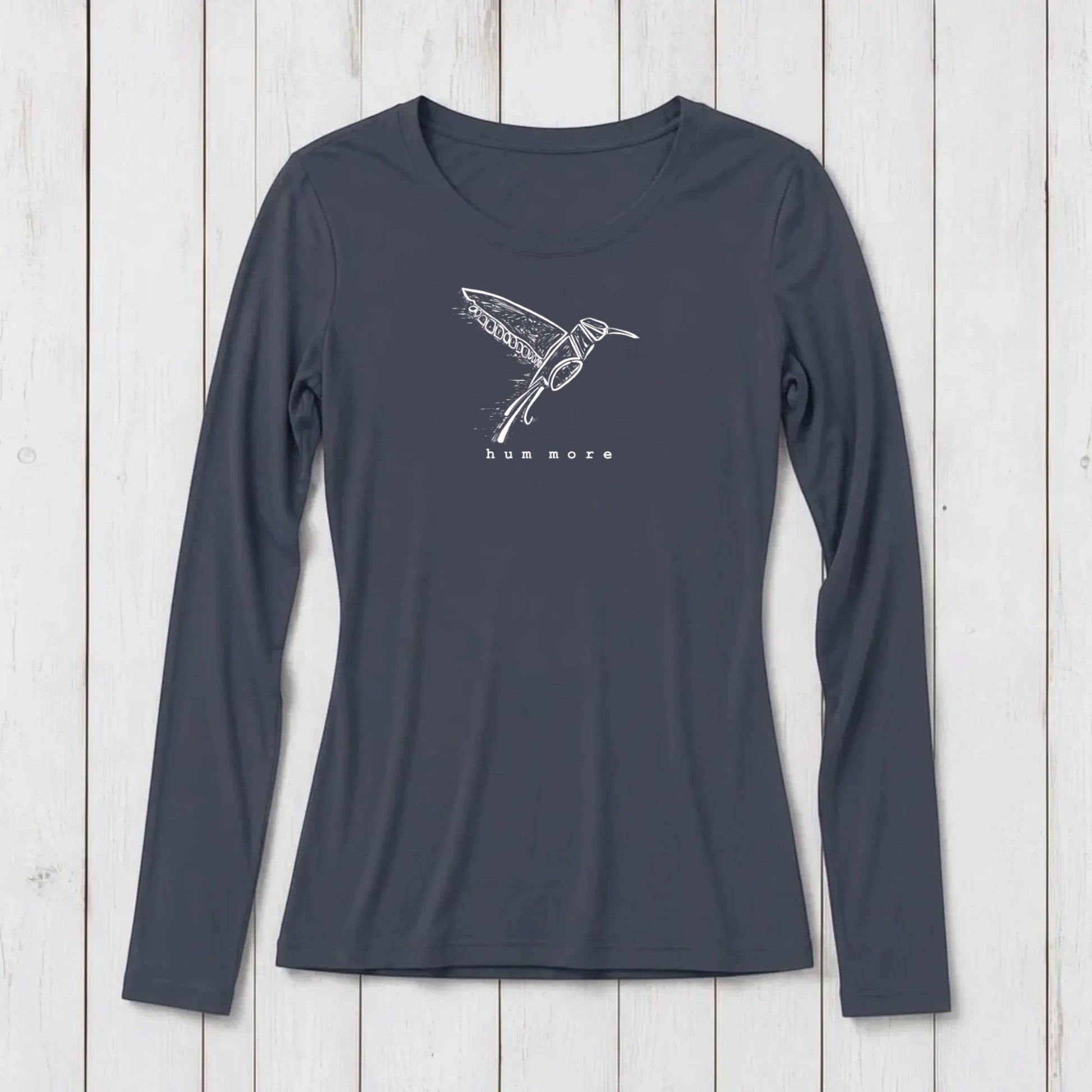 Uni-T women's charcoal grey long sleeve crew neck t-shirt made from a soft bamboo and organic cotton blend.