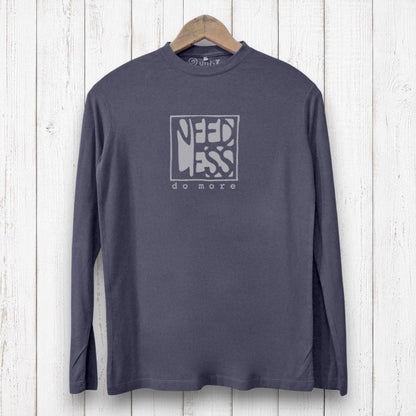Uni-T charcoal grey long sleeve bamboo and organic cotton graphic tee with Need Less Do More print on a wooden hanger