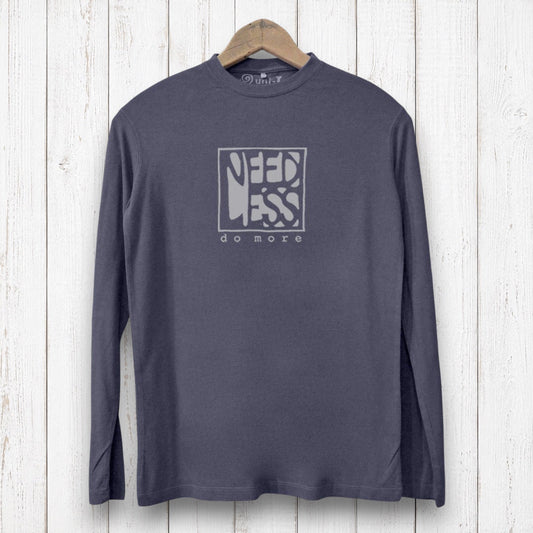 Uni-T charcoal grey long sleeve bamboo and organic cotton graphic tee with Need Less Do More print on a wooden hanger