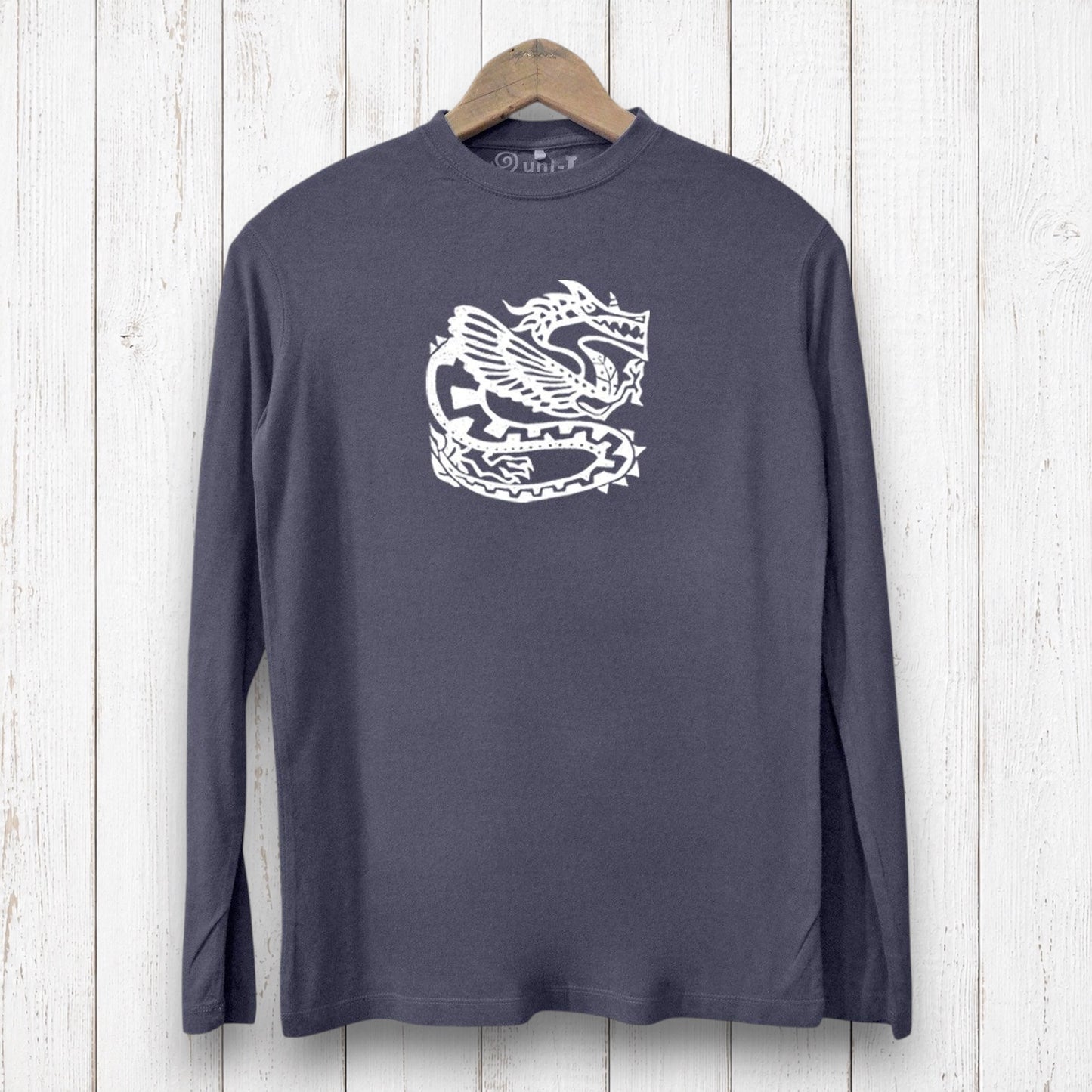 Uni-T men's charcoal grey long sleeve graphic tee featuring a white ancient dragon illustration on bamboo cotton