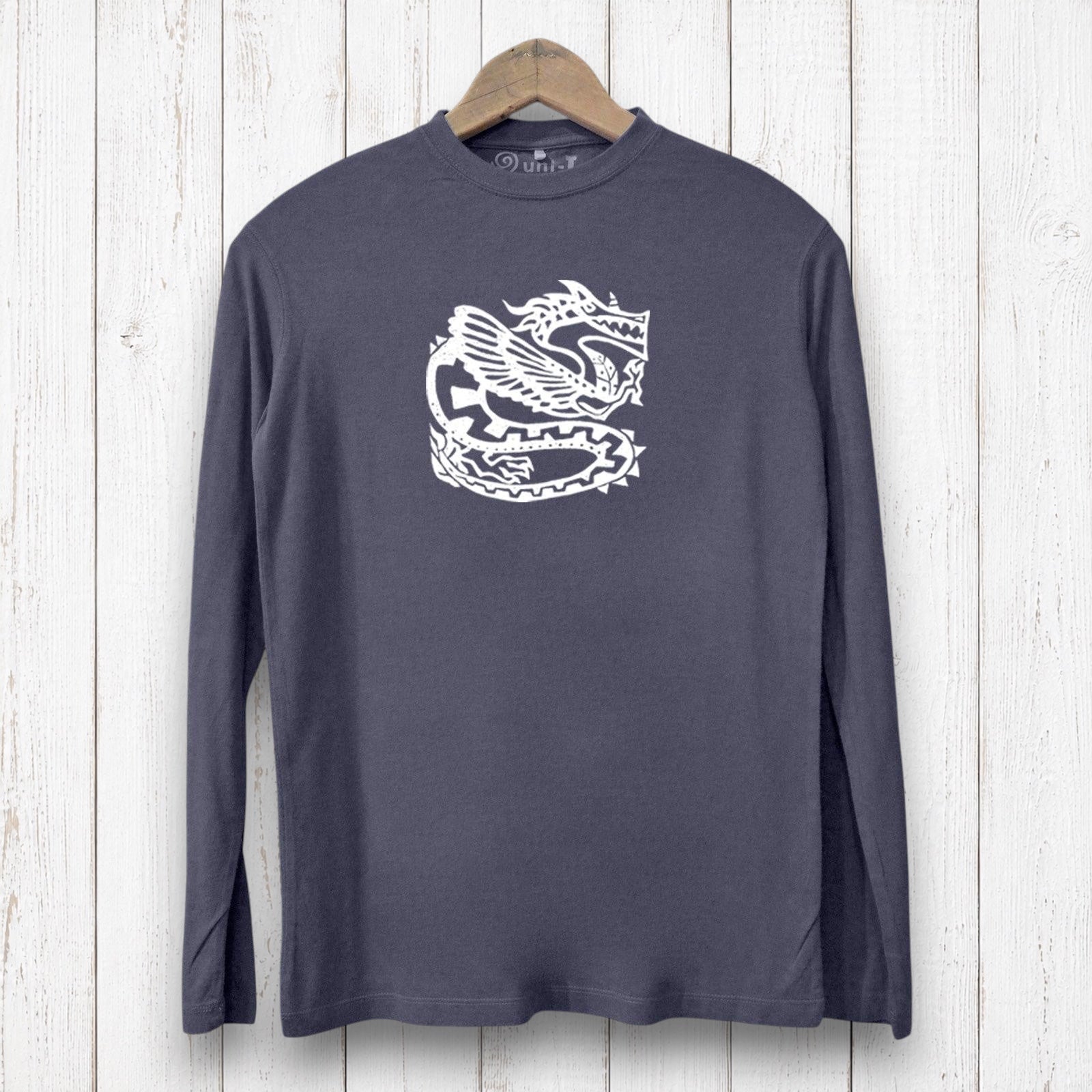 Uni-T men's charcoal grey long sleeve graphic tee featuring a white ancient dragon illustration on bamboo cotton