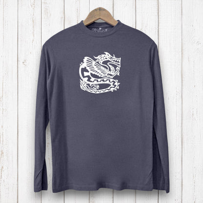 Uni-T men's charcoal grey long sleeve graphic tee featuring a white ancient dragon illustration on bamboo cotton