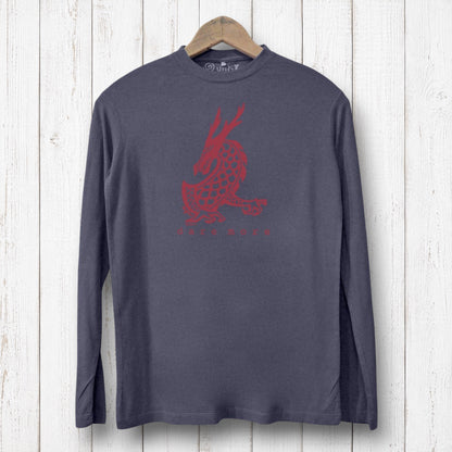 Uni-T men's charcoal grey long sleeve bamboo cotton tee featuring a red dragon graphic and Dare More text