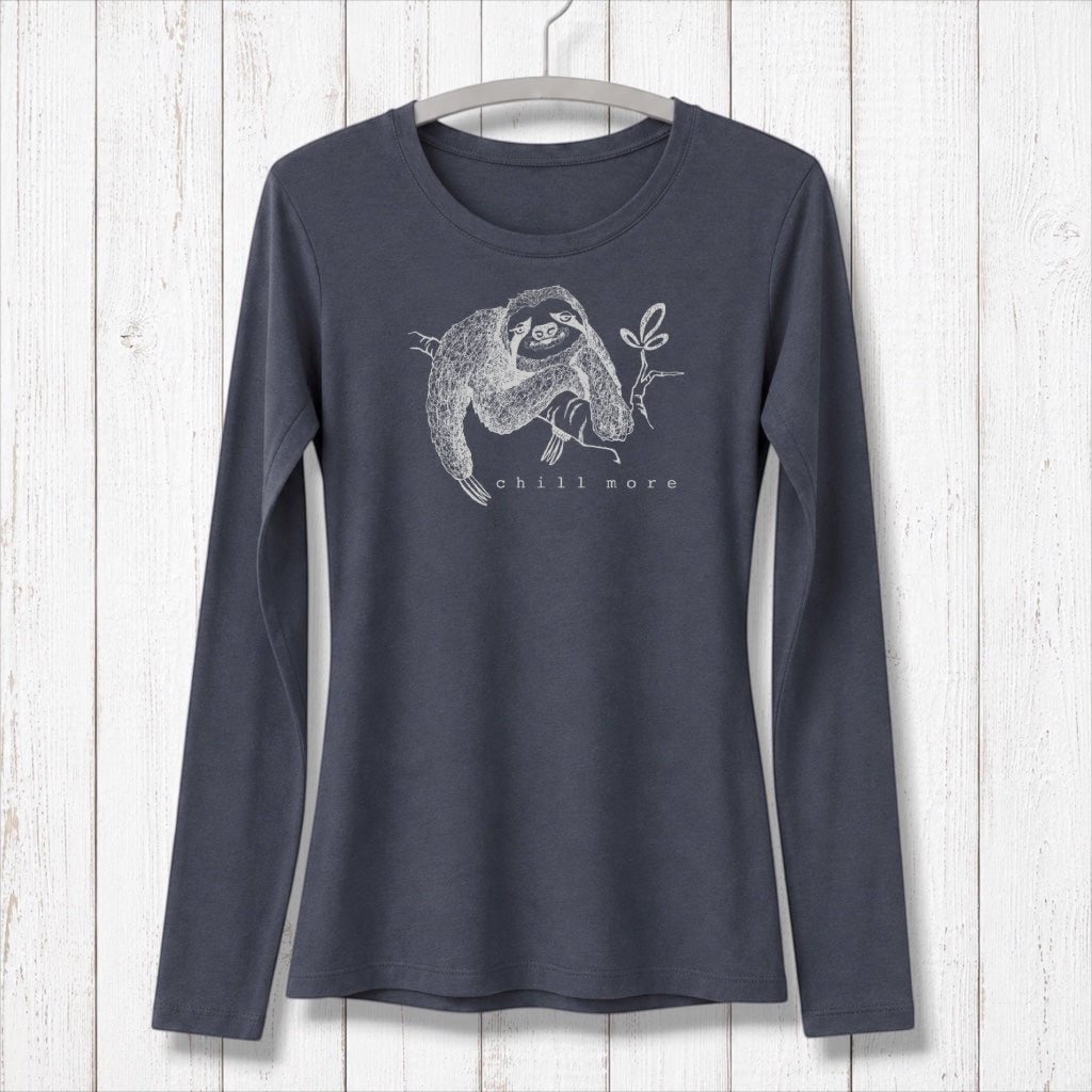 Uni-T women's charcoal grey long sleeve bamboo cotton t-shirt featuring a whimsical sloth graphic and Chill More text.