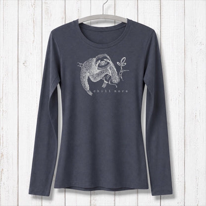 Uni-T women's charcoal grey long sleeve bamboo cotton t-shirt featuring a whimsical sloth graphic and Chill More text.
