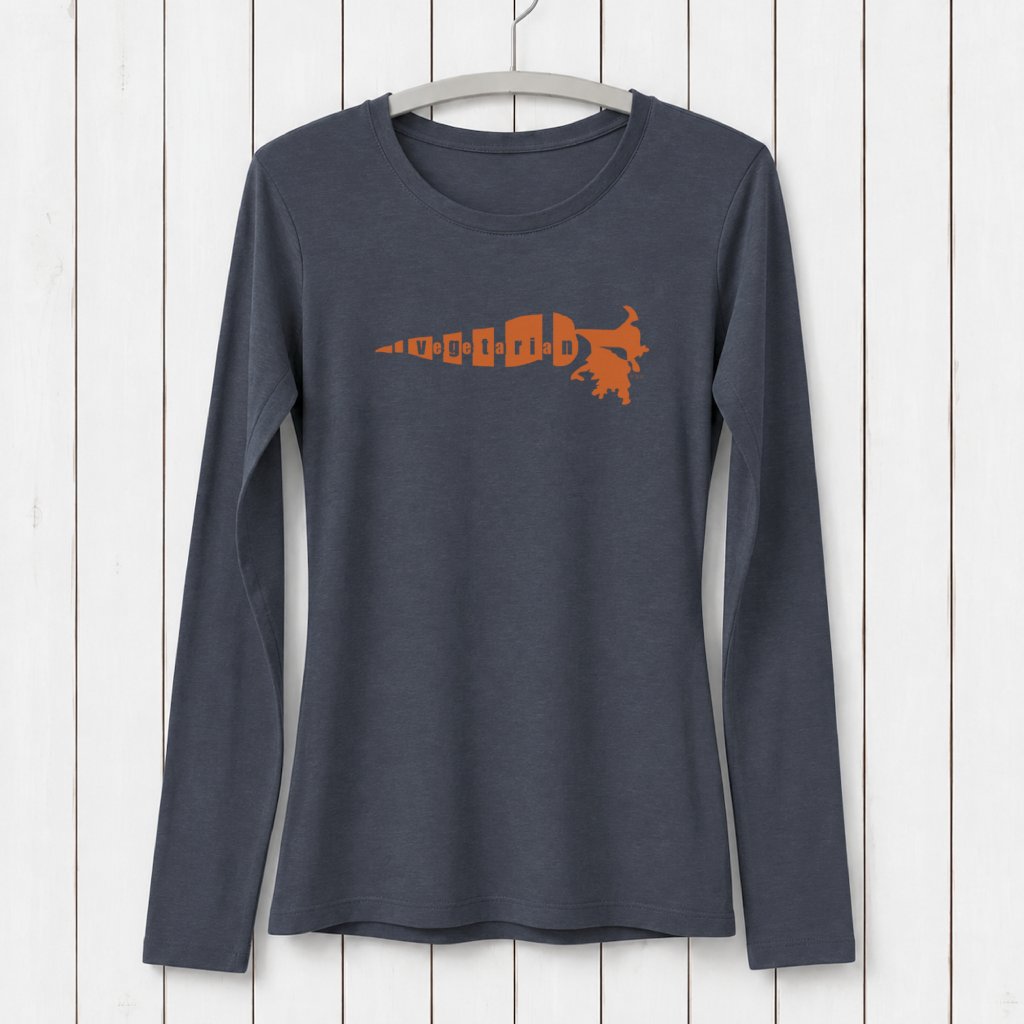 Uni-T women's charcoal grey long sleeve t-shirt featuring a carrot graphic with vegetarian text in soft bamboo cotton