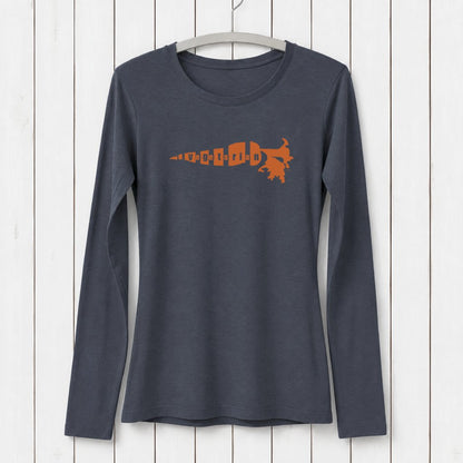 Uni-T women's charcoal grey long sleeve t-shirt featuring a carrot graphic with vegetarian text in soft bamboo cotton