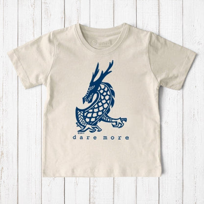 Uni-T organic cotton kids t-shirt in cream with a blue hand-illustrated dragon graphic and Dare More text