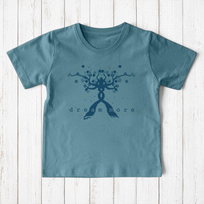 Uni-T kids organic cotton t-shirt in blue with a hand-illustrated Dream More tree design in dark blue ink.