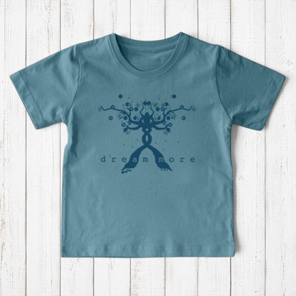 Uni-T kids organic cotton t-shirt in blue with a hand-illustrated Dream More tree design in dark blue ink.