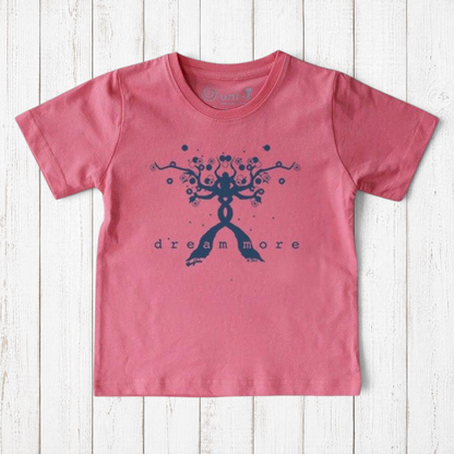 Uni-T organic cotton kids t-shirt in coral pink with a navy blue hand-illustrated Dream More tree graphic