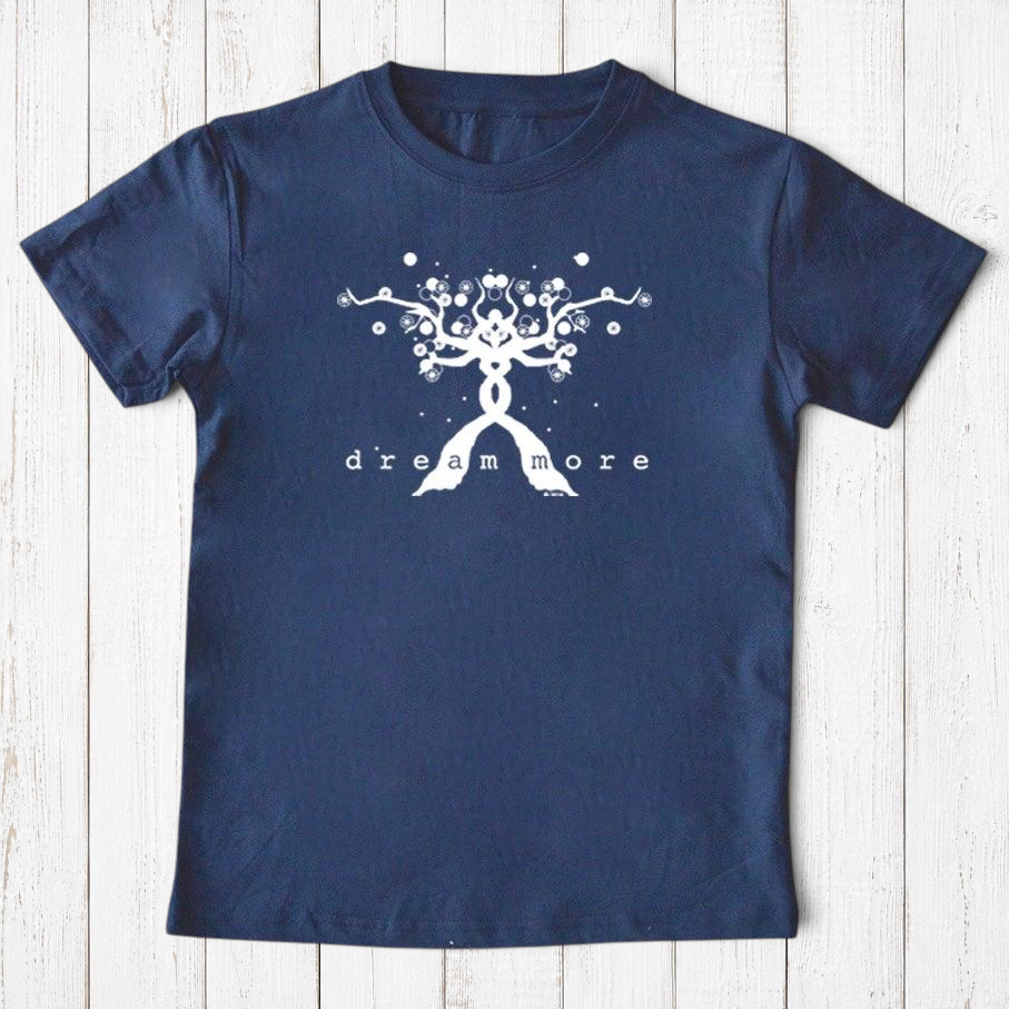 Uni-T navy blue organic cotton kids t-shirt featuring a white hand-illustrated Dream More tree graphic
