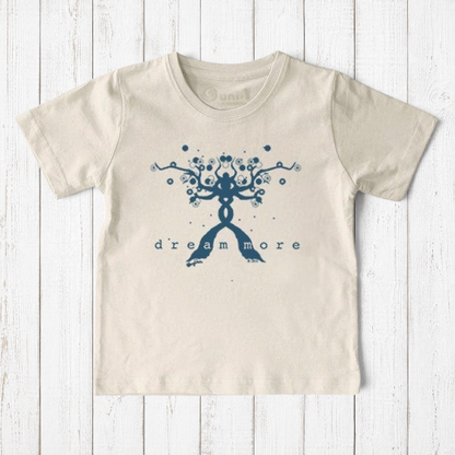 Uni-T kids organic cotton t-shirt in cream with a blue hand-illustrated tree design and Dream More text