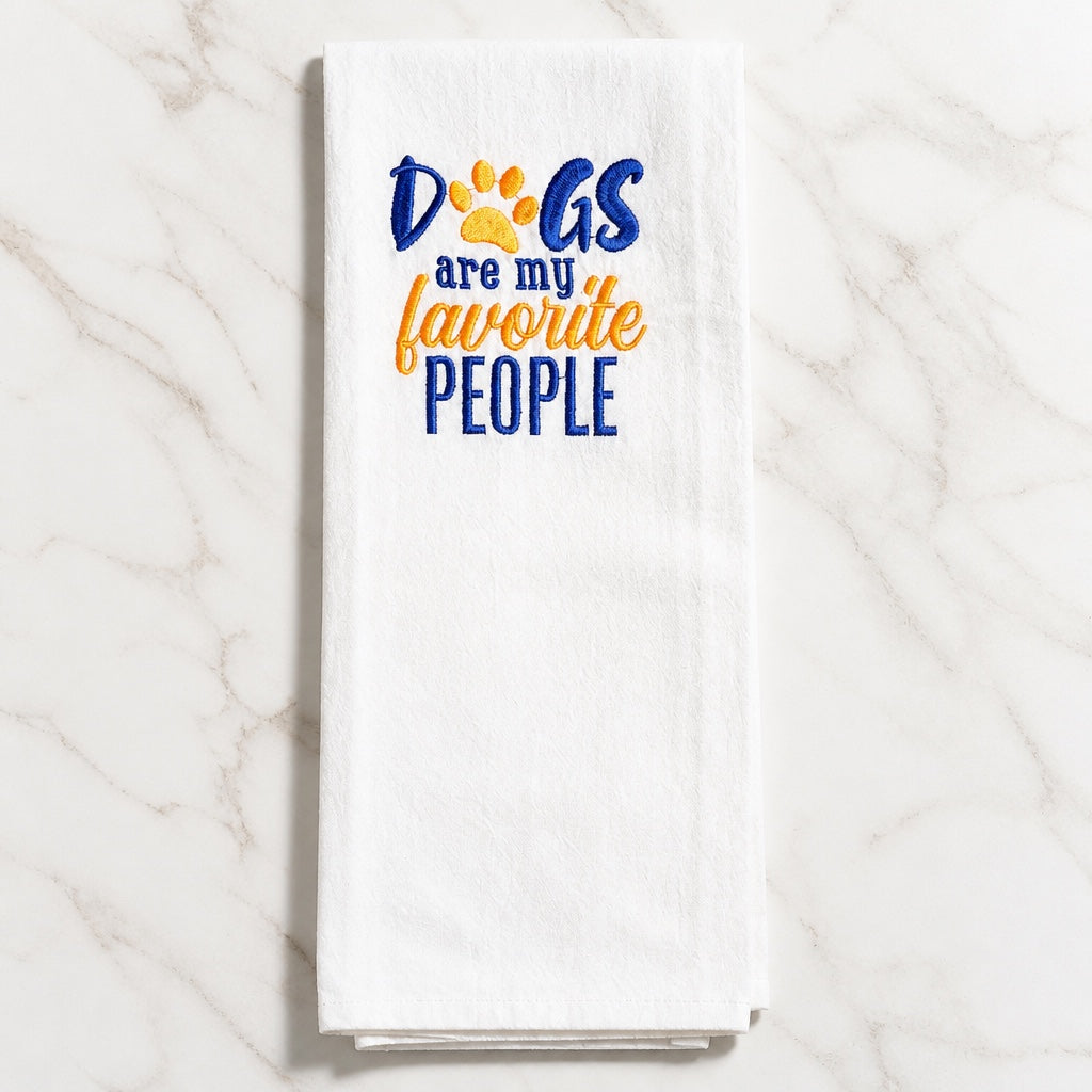 Uni-T white flour sack kitchen towel with blue and yellow embroidered Dogs Are My Favorite People text and paw print
