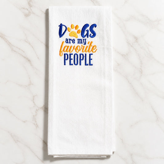 Uni-T white flour sack kitchen towel with blue and yellow embroidered Dogs Are My Favorite People text and paw print