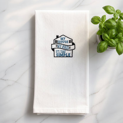 Uni-T white kitchen towel featuring embroidered house design with text My house, my rules, it's that simple