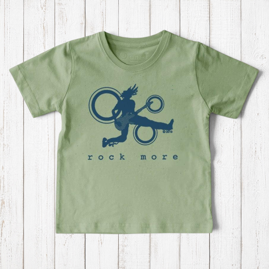 Uni-T sage green organic cotton kids t-shirt featuring a blue hand-drawn guitar graphic and Rock More text