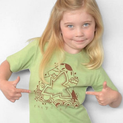 Young girl wearing a Uni-T organic cotton green t-shirt with a brown hand-illustrated Recycle More graphic design