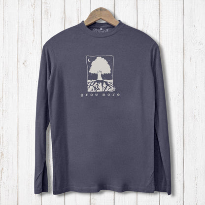 Uni-T men's long sleeve t-shirt in charcoal grey featuring a white Grow More tree graphic on a rustic wood background.