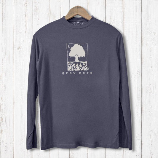 Uni-T men's long sleeve t-shirt in charcoal grey featuring a white Grow More tree graphic on a rustic wood background.