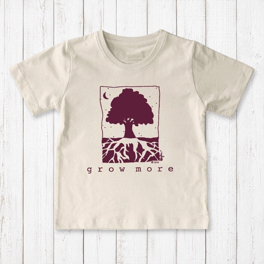 Uni-T organic cotton kids t-shirt in cream with a purple hand-illustrated tree graphic and Grow More text.
