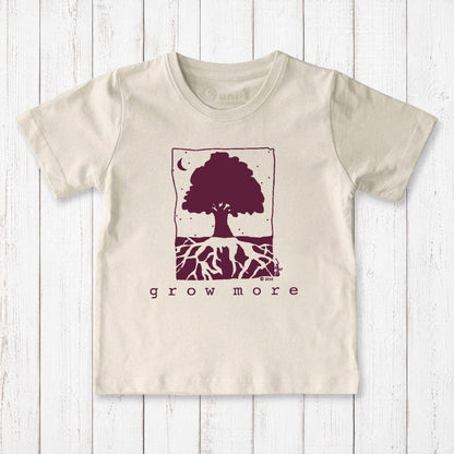 Uni-T organic cotton kids t-shirt in cream with a purple hand-illustrated tree graphic and Grow More text.