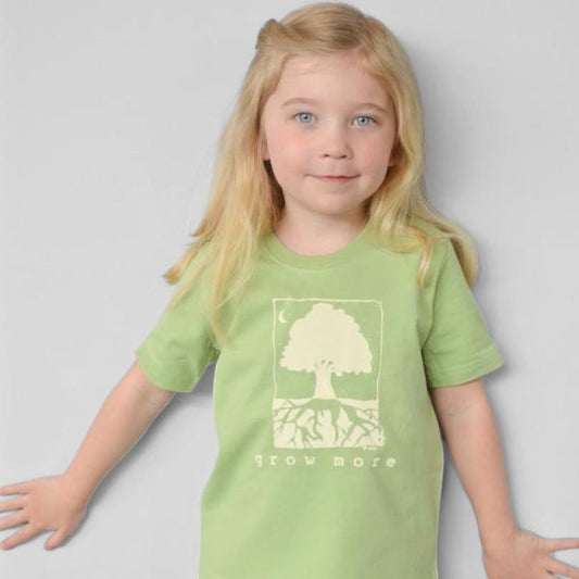 Uni-T kids organic cotton t-shirt in light green featuring a whimsical Grow More tree illustration by Eujin Kim Neilan
