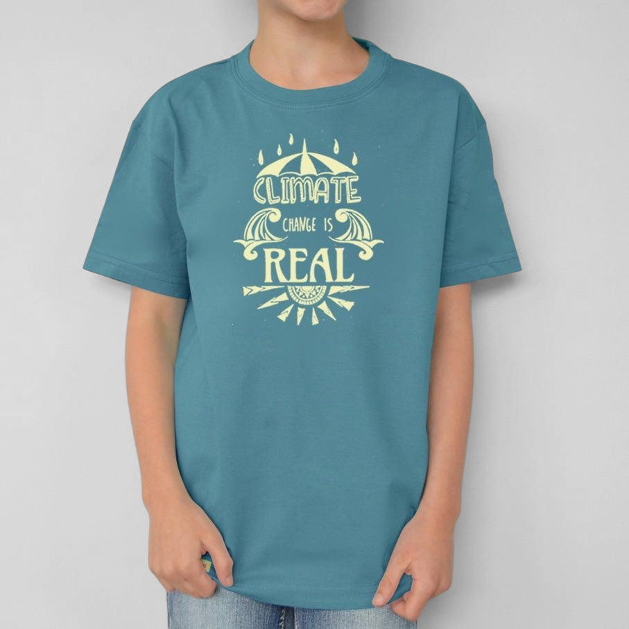 Uni-T kids blue organic cotton t-shirt featuring a hand-illustrated Climate Change Is Real graphic print