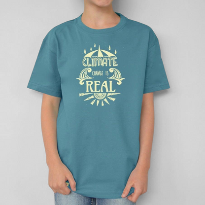 Uni-T kids blue organic cotton t-shirt featuring a hand-illustrated Climate Change Is Real graphic print